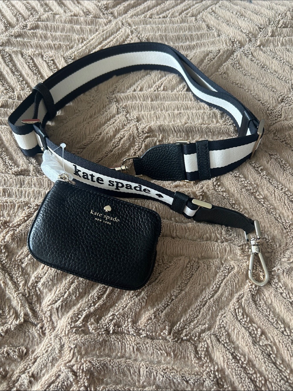 Kate Spade Black Pebbled Leather Coin Pouch with Black & White Crossbody Strap
